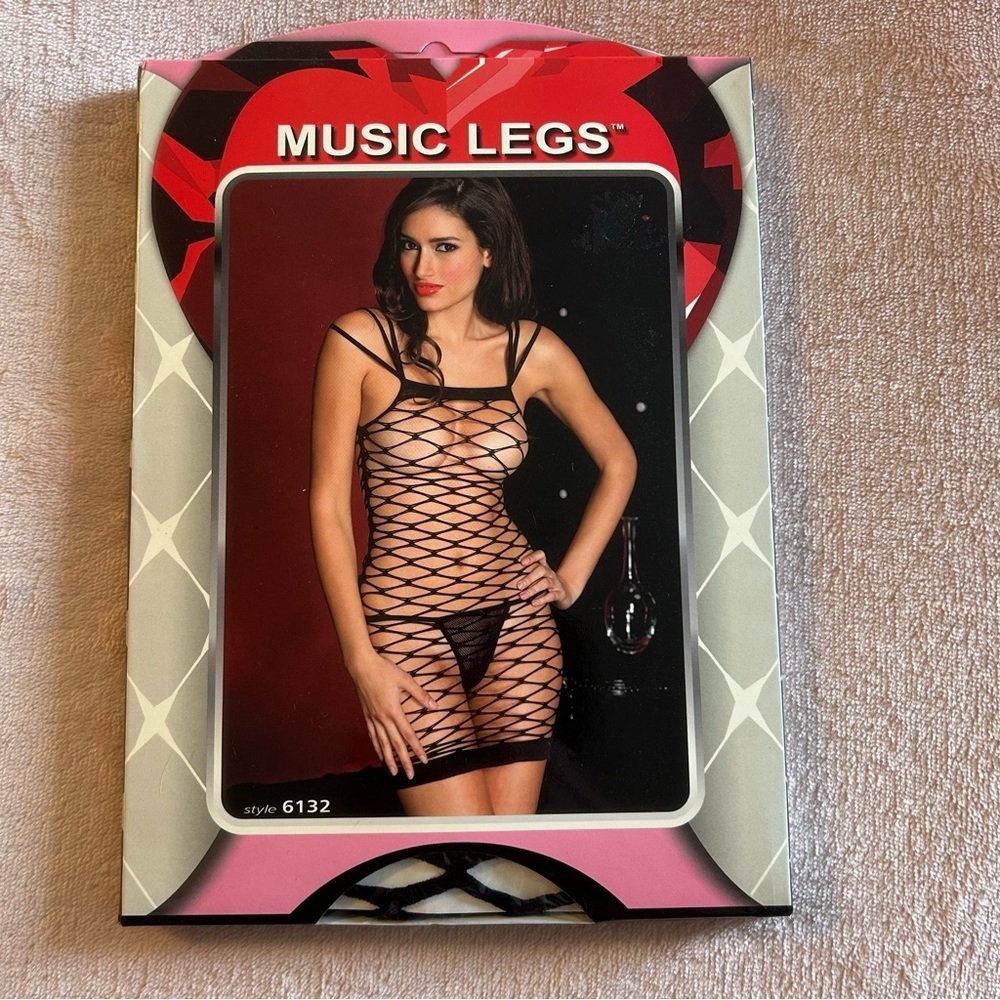 Music Legs black diamond net mini dress lingerie coverup triple strap OS